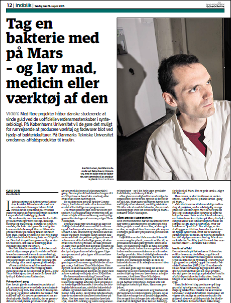 Article in Jyllandsposten: Tag en bakterie med på Mars – og lav mad, medicin eller værktøj af den